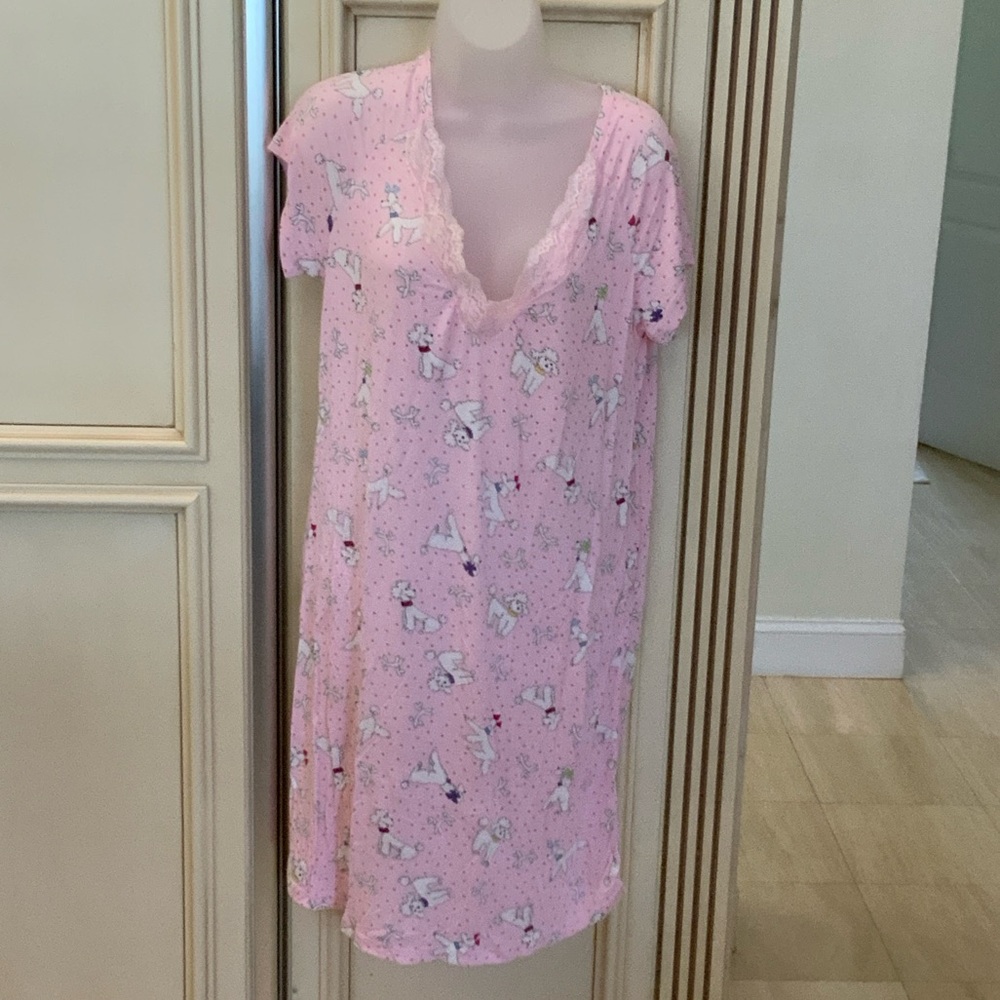 Poodle print Pink Women's Sleepwear with Lace Trim